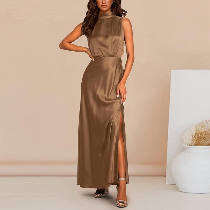 Elegante effen zomerjurk mouwloos dames bruin voor