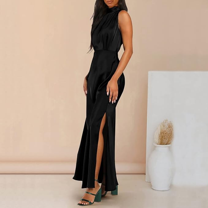 Elegante effen zomerjurk mouwloos dames zwart zij