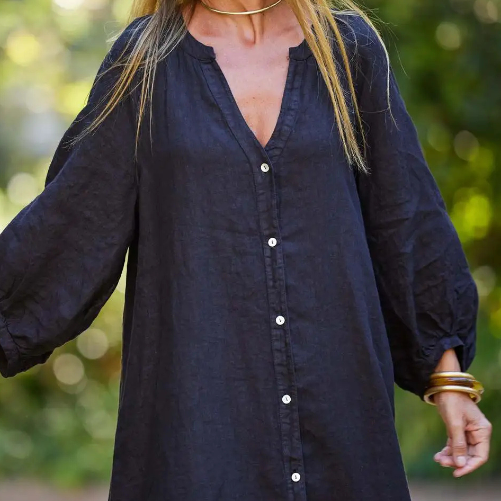 Lange losse katoenen jurk dames zwart details