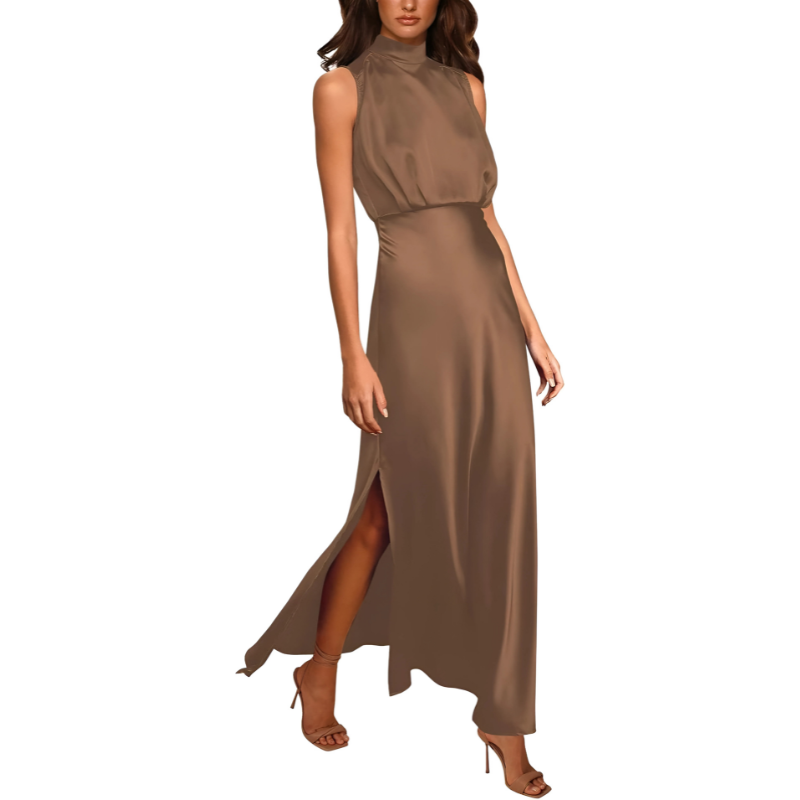 Elegante effen zomerjurk mouwloos dames bruin