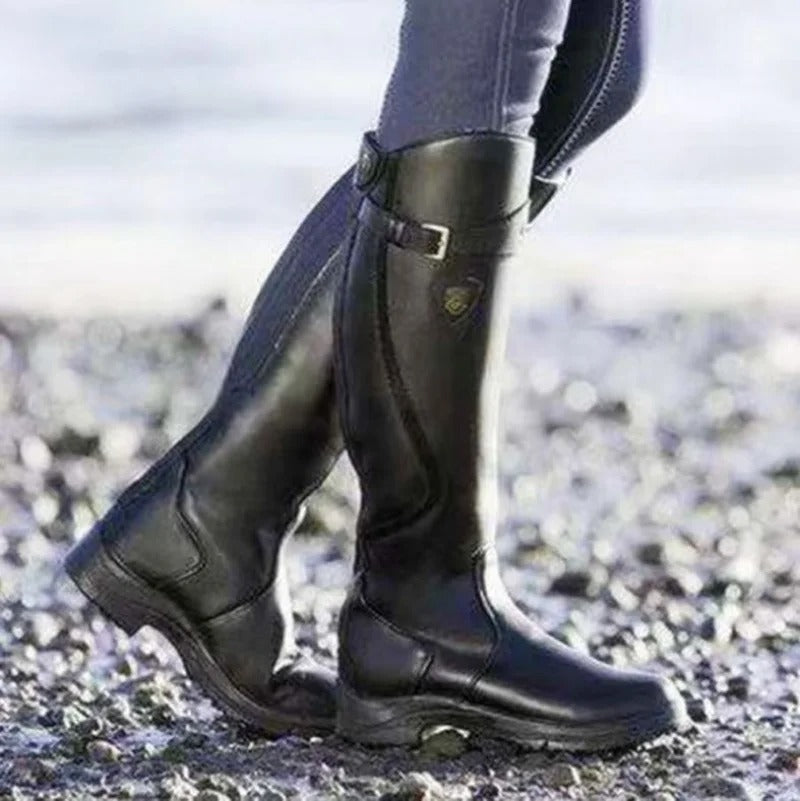 Waterdichte laarzen met gespen kniehoogte dames zwart