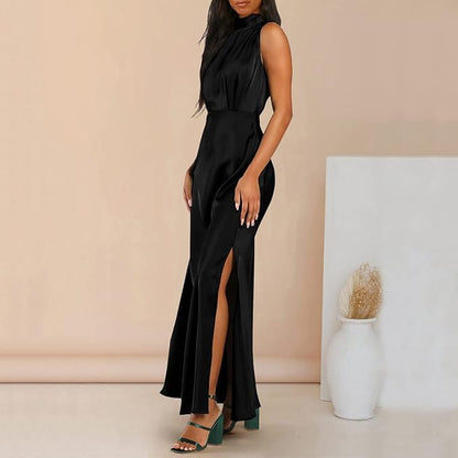 Elegante effen zomerjurk mouwloos dames zwart zij